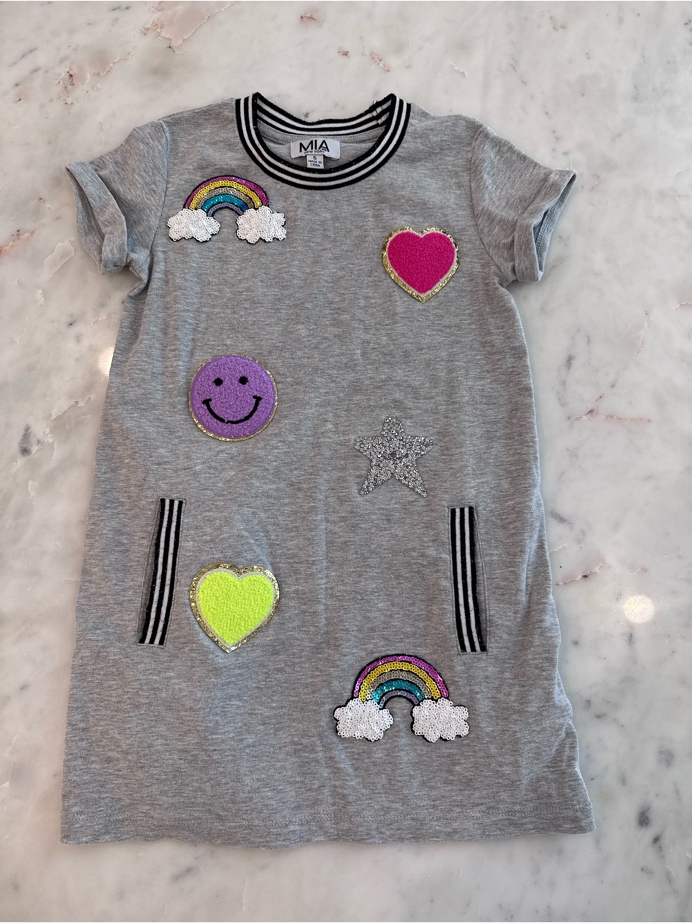MIA Gray Tee Dress with Rainbow & Pink Heart Patches
